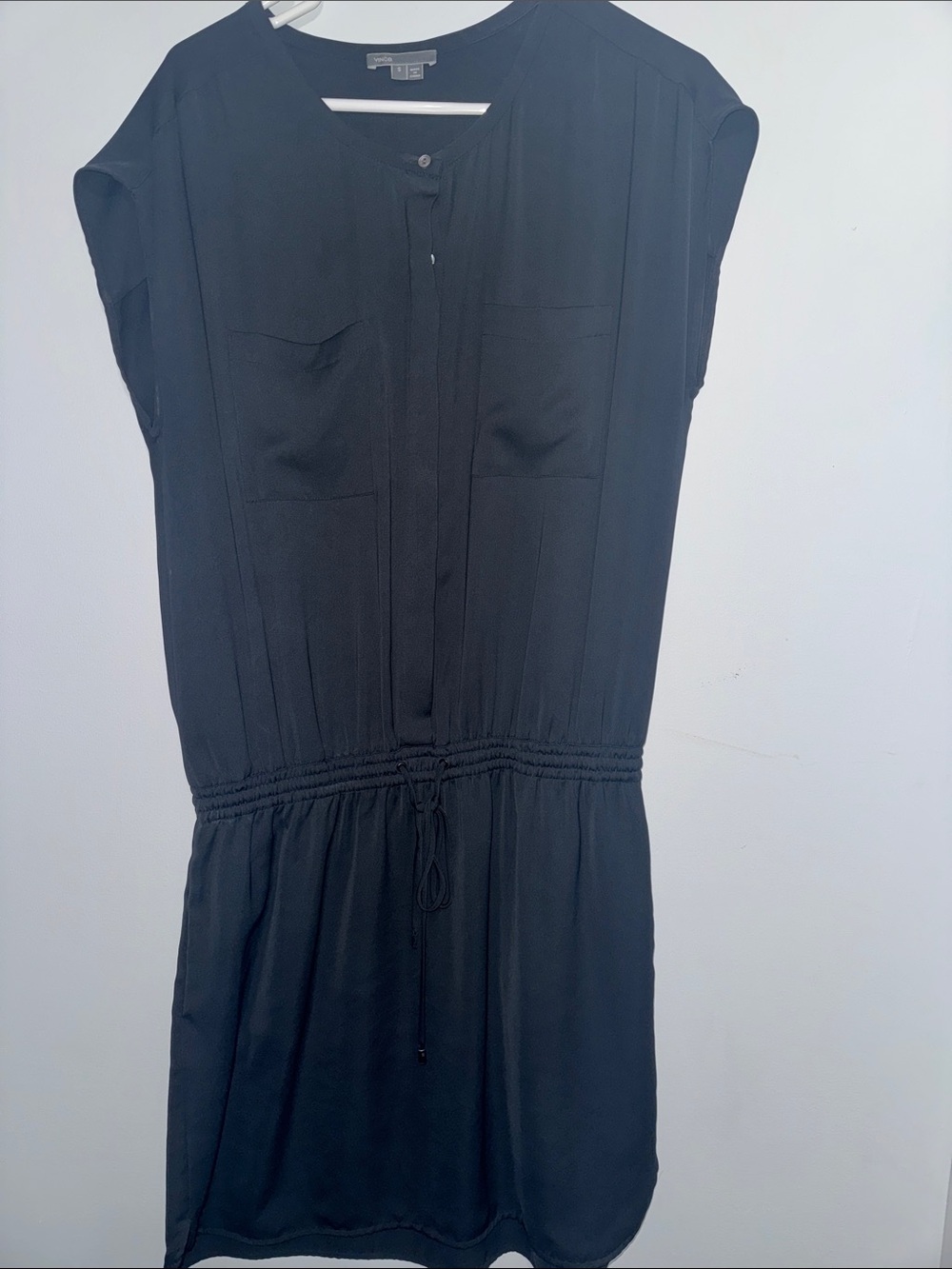 Vince Black Short-Sleeve Drawstring Waist Mini Dress